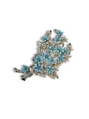 Mode Art Arthur Pepper Blue White Floral Brooch AB Rhinestone 1950s Vintage